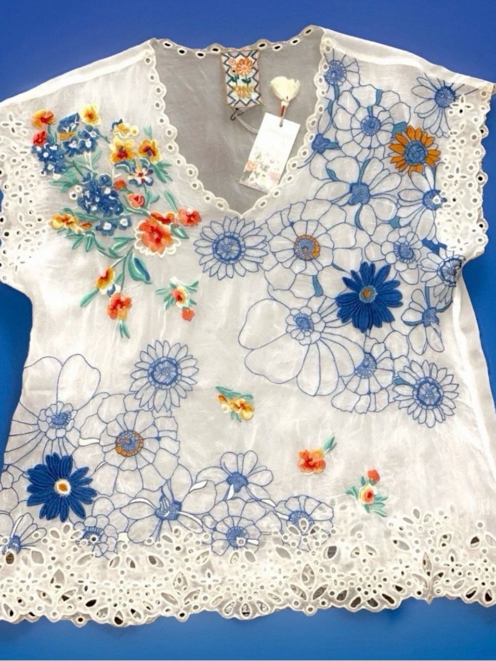 🌺Beautiful NWT Johnny Was M $328 Ihrin Embroidered Blouse W/Eyelet Trim